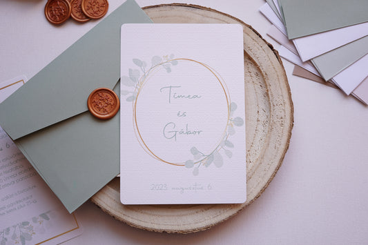 EM19 - Két oldalas Greenery esküvői meghívó-esküvői meghívó-Erdélyi Esküvői Meghívók-egyedi,greenery,pecsét,watercolor,zöld-Erdélyi Esküvői Meghívók