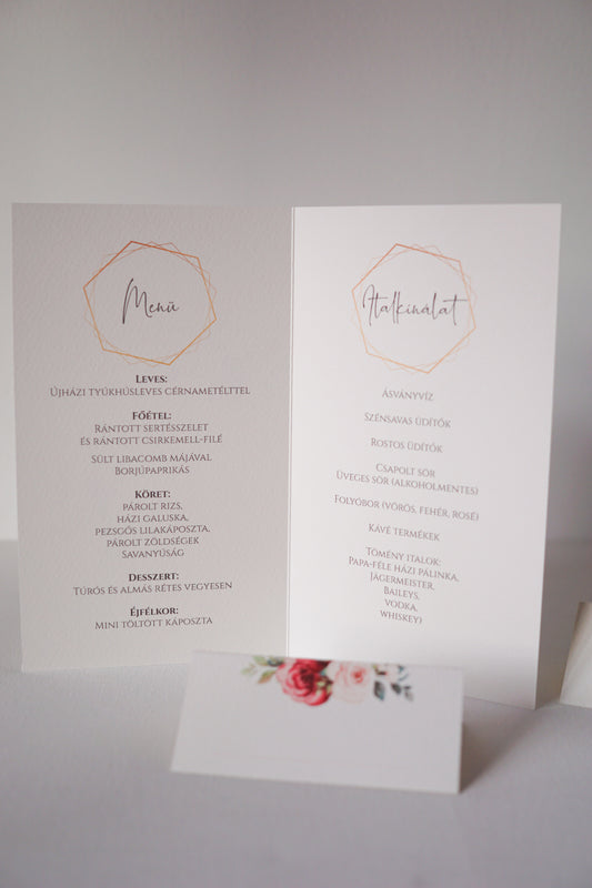 ME17 - Kinyitható Esküvői Menü - Virágos arany keret mintával-Menü-Erdélyi Esküvői Meghívók-arany,rozsa,ur30,virág,vörös-Erdélyi Esküvői Meghívók