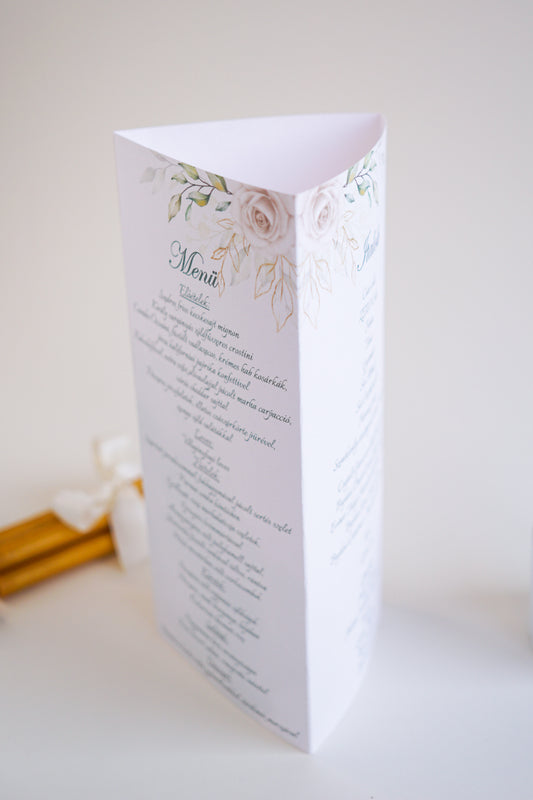 ME02 - Három oldalú esküvői menü - Fehér rózsa és arany mintával-Menü-Erdélyi Esküvői Meghívók-arany,greenery,virág-Erdélyi Esküvői Meghívók