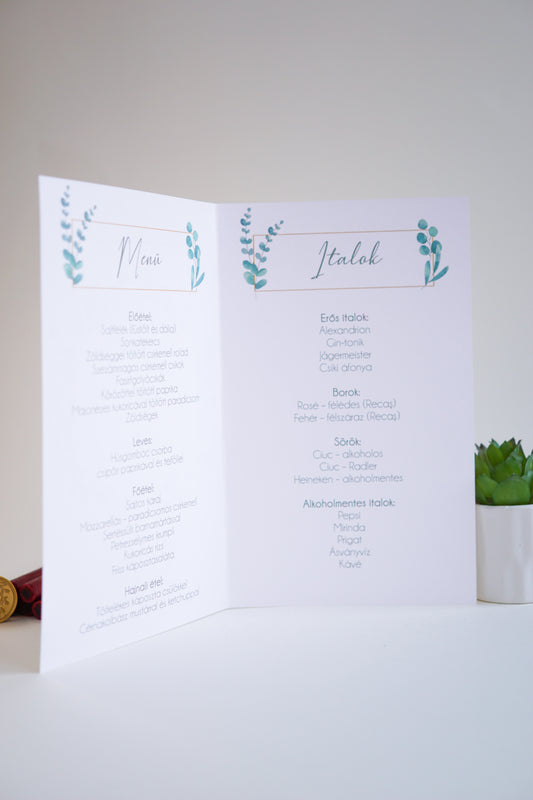 ME11 - Kinyitható Esküvői Menü - Greenery mintával-Menü-Erdélyi Esküvői Meghívók-greenery-Erdélyi Esküvői Meghívók