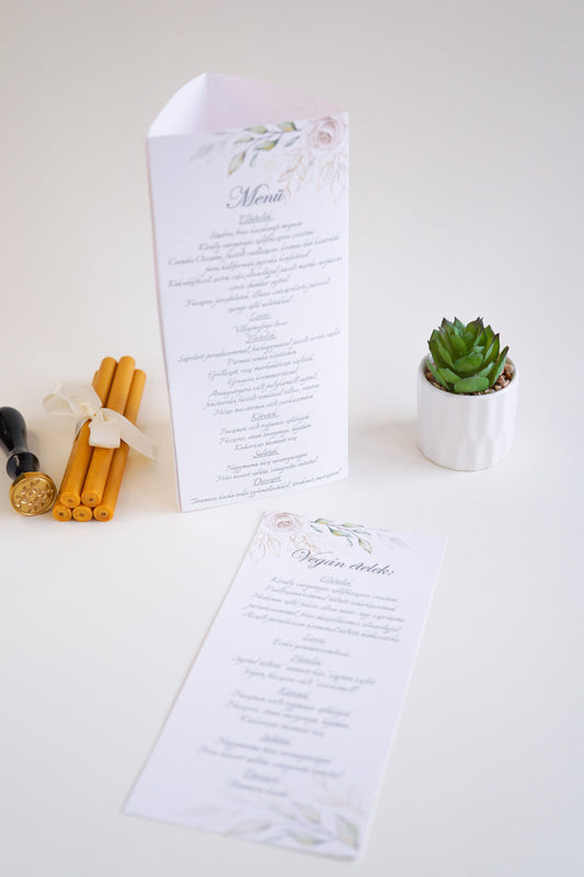ME01 - Egy lapos esküvői menü - Fehér rózsa és arany mintával-Menü-Erdélyi Esküvői Meghívók-arany,fehér,greenery,rozsa-Erdélyi Esküvői Meghívók