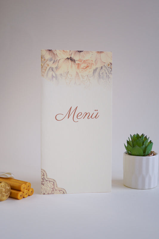 ME15 - Kinyitható Esküvői Menü - Pasztell virágokkal-Menü-Erdélyi Esküvői Meghívók-Virag-Erdélyi Esküvői Meghívók