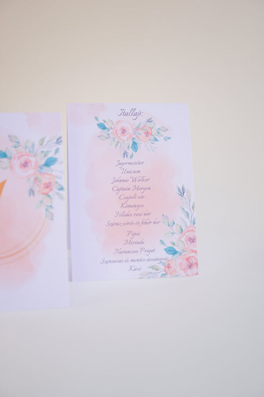 AS11 - Virág koszorús asztalszám itallappal-Asztalszám-Erdélyi Esküvői Meghívók-asztalszám,virág-Erdélyi Esküvői Meghívók