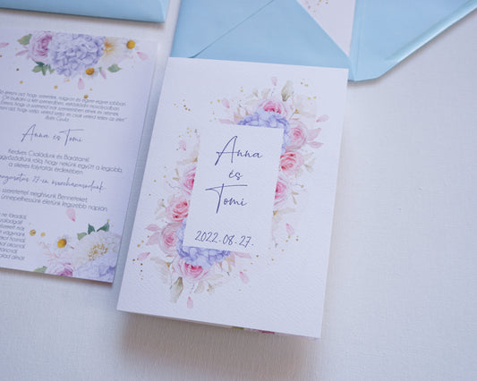 EM26 - Kinyitható Hortenziás esküvői meghívó-esküvői meghívó-Erdélyi Esküvői Meghívók-egyedi,kék,virág,watercolor-Erdélyi Esküvői Meghívók