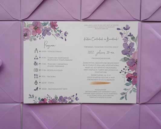 EM27 - Kinyitható Lila virágos esküvői meghívó-esküvői meghívó-Erdélyi Esküvői Meghívók-egyedi,greenery,lila,virág,watercolor-Erdélyi Esküvői Meghívók