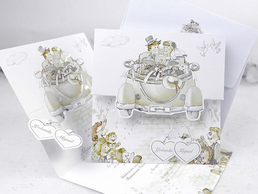 31509-esküvői meghívó-autós, rajz, szív, vicces-Erdélyi Esküvői Meghívók