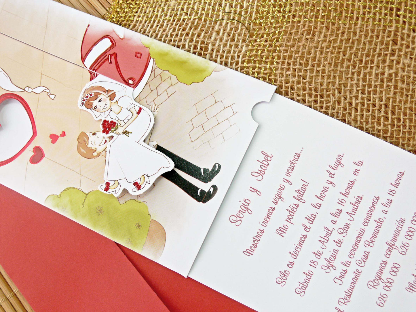 32708-esküvői meghívó-autós, piros, rajz, szív, vicces-Erdélyi Esküvői Meghívók