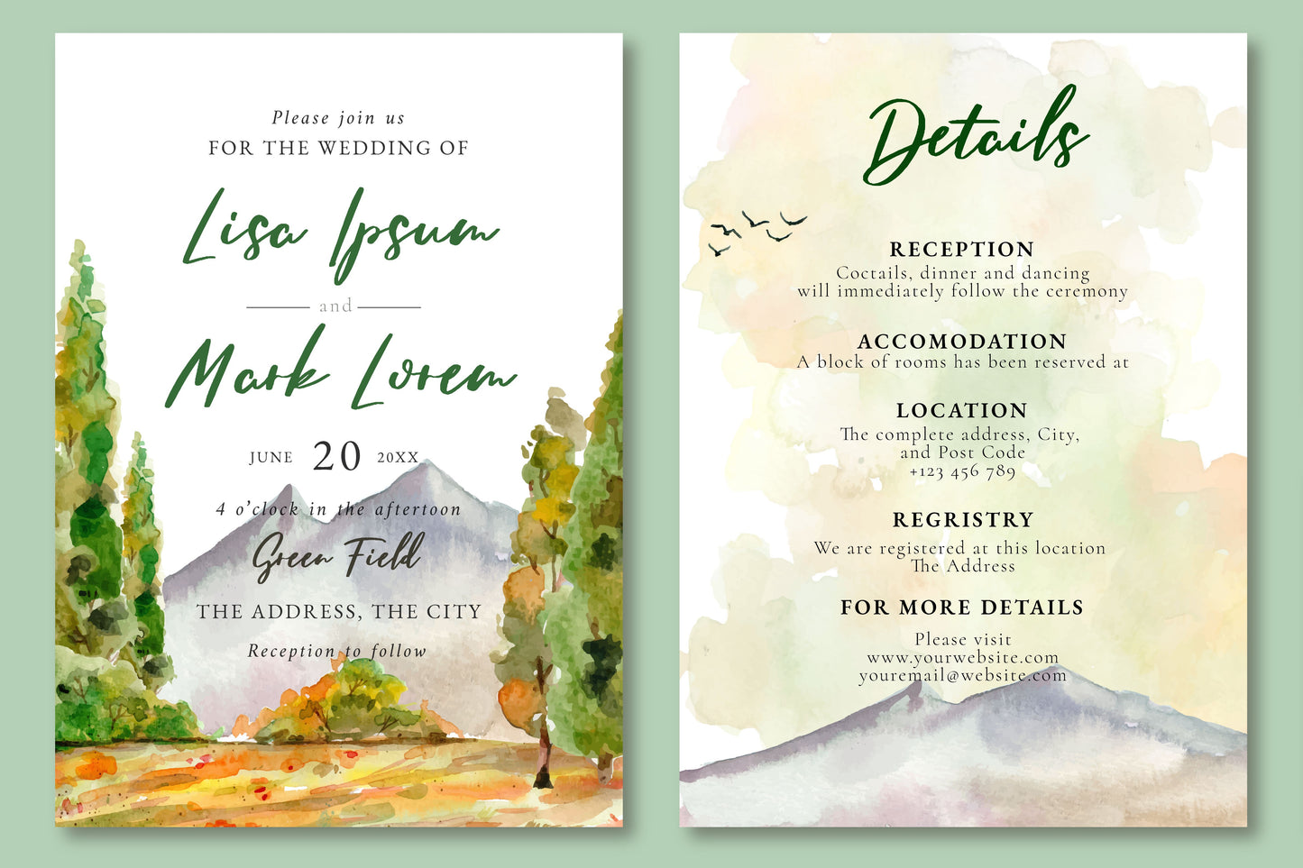 Esküvői meghívó EM15 - Két oldalas Akvarell tájkép hatású esküvői meghívó - Erdélyi Esküvői Meghívók - Wedding invitation EM15 - Két oldalas Akvarell tájkép hatású esküvői meghívó - invitatii de nunta EM15 - Két oldalas Akvarell tájkép hatású esküvői meghívó