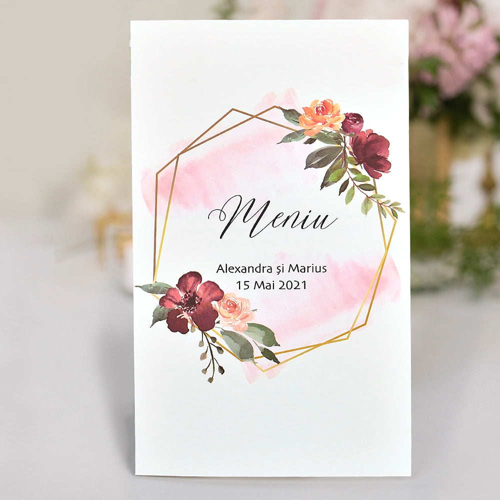6708-Menü-arany, pink, piros, virág-Erdélyi Esküvői Meghívók