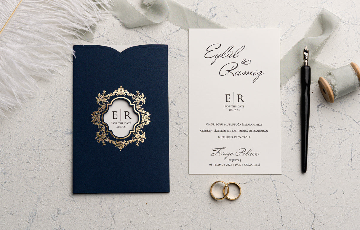 9162 - Elegáns Esküvői Meghívó-esküvői meghívó-Erdélyi Esküvői Meghívók-arany,barokk minta,dombornyomott,elegans,kék-Erdélyi Esküvői Meghívók