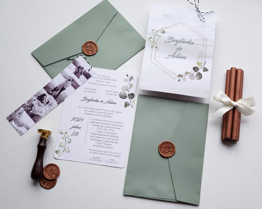 39784 - Fényképes Esküvői Meghívó-esküvői meghívó-Erdélyi Esküvői Meghívók-arany,covid,fényképes,greenery,masni,zöld-Erdélyi Esküvői Meghívók