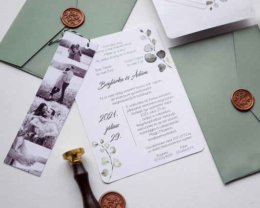 39784 - Fényképes Esküvői Meghívó-esküvői meghívó-Erdélyi Esküvői Meghívók-arany,covid,fényképes,greenery,masni,zöld-Erdélyi Esküvői Meghívók