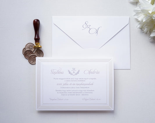 1119 - Minimalista esküvői meghívó-esküvői meghívó-Erdélyi Esküvői Meghívók-dombornyomott,elegáns,ezüst,fehér,minimalista,premium-Erdélyi Esküvői Meghívók