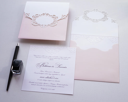 1118 - Lézervágott Esküvői Meghívó-esküvői meghívó-Erdélyi Esküvői Meghívók-barack,barokk minta,dombornyomott,elegáns,lasercut,pink-Erdélyi Esküvői Meghívók