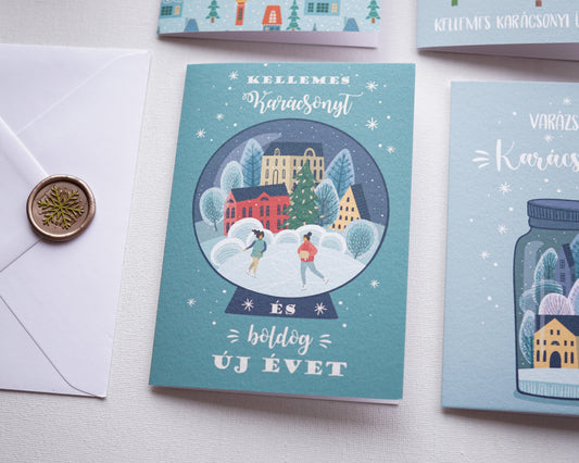 Téli tájas Karácsonyi képeslap, kinyitható, borítékkal - KK14-Képeslap-Erdélyi Esküvői Meghívók-Karácsony,Képeslap-Erdélyi Esküvői Meghívók