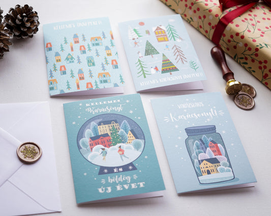 Téli tájas Karácsonyi képeslap, kinyitható, borítékkal - KK13-Képeslap-Erdélyi Esküvői Meghívók-Karácsony,Képeslap-Erdélyi Esküvői Meghívók