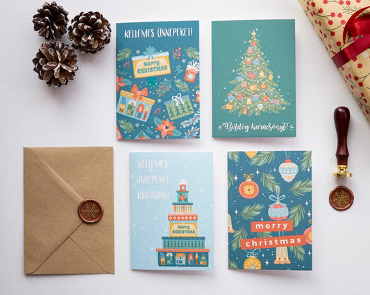 Ajándékozás öröme Karácsony képeslap gyűjtemény - 4 darab-Képeslap-Erdélyi Esküvői Meghívók-Karácsony,Képeslap-Erdélyi Esküvői Meghívók