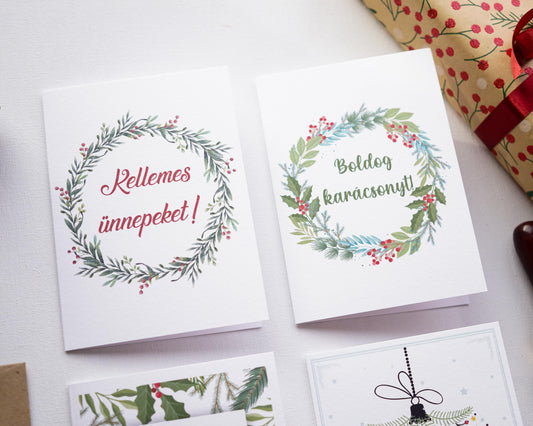 Greenery Karácsonyi képeslap, kinyitható, borítékkal - KK11-Képeslap-Erdélyi Esküvői Meghívók-Karácsony,Képeslap-Erdélyi Esküvői Meghívók