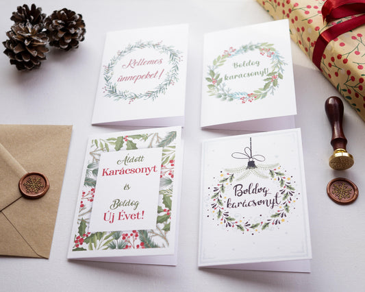 Zöldágas Karácsonyi képeslap gyűjtemény - 4 darab-Képeslap-Erdélyi Esküvői Meghívók-Karácsony,Képeslap-Erdélyi Esküvői Meghívók