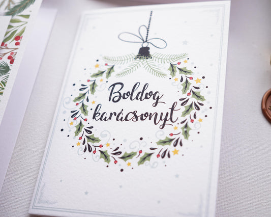 Greenery Karácsonyi képeslap, kinyitható, borítékkal - KK10-Képeslap-Erdélyi Esküvői Meghívók-Karácsony,Képeslap-Erdélyi Esküvői Meghívók