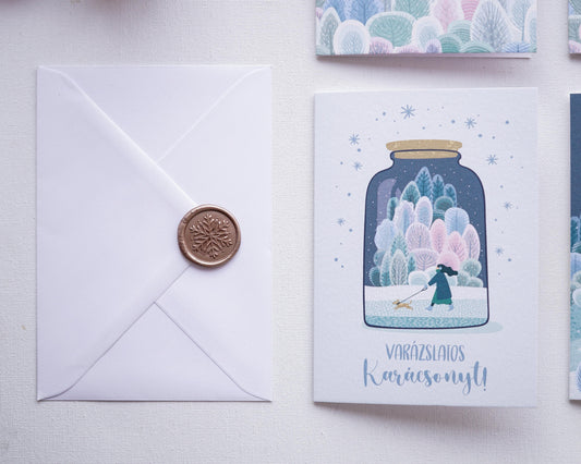 Téli tájas Karácsonyi képeslap, kinyitható, borítékkal - KK06-Képeslap-Erdélyi Esküvői Meghívók-Karácsony,Képeslap-Erdélyi Esküvői Meghívók