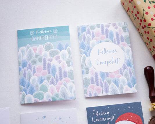 Téli tájas Karácsonyi képeslap, kinyitható, borítékkal - KK07-Képeslap-Erdélyi Esküvői Meghívók-Karácsony,Képeslap-Erdélyi Esküvői Meghívók