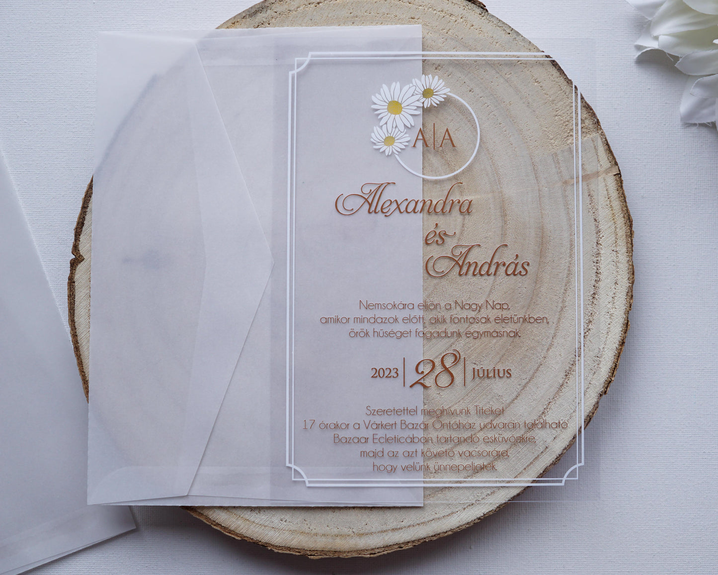 9221 - Plexi esküvői meghívó-esküvői meghívó-Erdélyi Esküvői Meghívók-pausz,plexi,premium,virág-Erdélyi Esküvői Meghívók