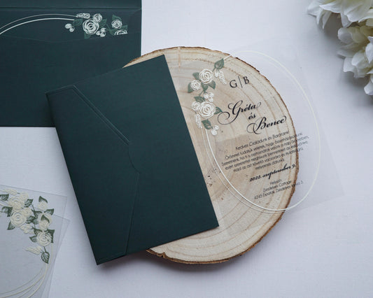 9213 - Plexi esküvői meghívó-esküvői meghívó-Erdélyi Esküvői Meghívók-arany,greenery,level,plexi,premium,zöld-Erdélyi Esküvői Meghívók