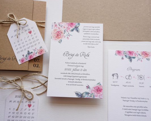 EM34 - Kraft borítós bazsarózsás esküvői meghívó-esküvői meghívó-Erdélyi Esküvői Meghívók-barna,egyedi,pink,rózsa,rózsaszín,virág,watercolor-Erdélyi Esküvői Meghívók