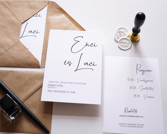 EM38 - Két oldalas Minimalista esküvői meghívó-esküvői meghívó-Erdélyi Esküvői Meghívók-barna,egyedi,minimalista,pecsét-Erdélyi Esküvői Meghívók