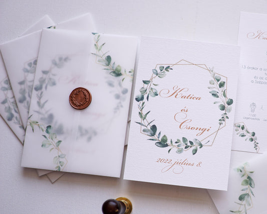 EM39 - Pausz borítós levélkoszorús esküvői meghívó-esküvői meghívó-Erdélyi Esküvői Meghívók-egyedi,greenery,pausz,zöld-Erdélyi Esküvői Meghívók