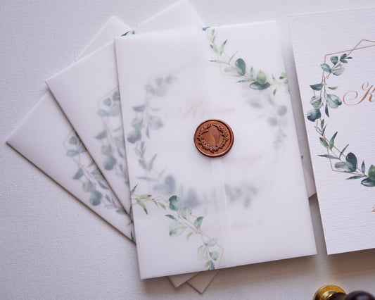 EM39 - Pausz borítós levélkoszorús esküvői meghívó-esküvői meghívó-Erdélyi Esküvői Meghívók-egyedi,greenery,pausz,zöld-Erdélyi Esküvői Meghívók