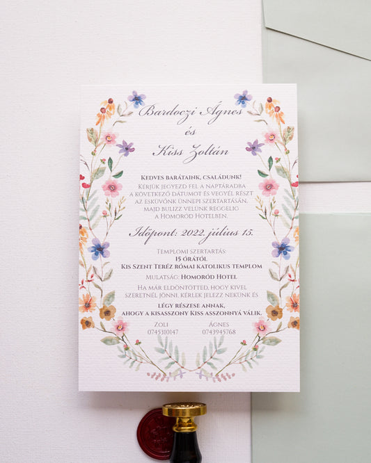 EM28 - Vadvirágos egy oldalas esküvői meghívó-esküvői meghívó-Erdélyi Esküvői Meghívók-egyedi,greenery,virág,watercolor,zöld-Erdélyi Esküvői Meghívók