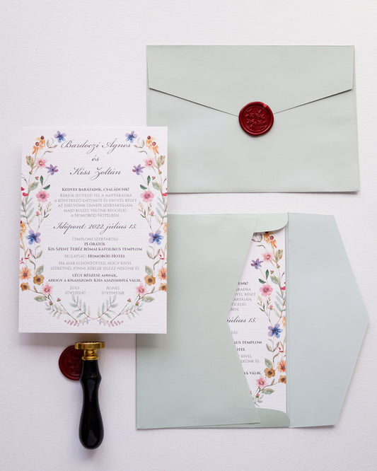 EM28 - Vadvirágos egy oldalas esküvői meghívó-esküvői meghívó-Erdélyi Esküvői Meghívók-egyedi,greenery,virág,watercolor,zöld-Erdélyi Esküvői Meghívók