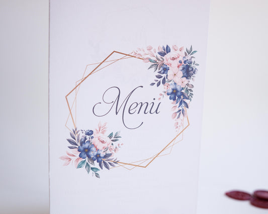 ME13 - Kinyitható Esküvői Menü - Kék és rózsaszín rózsás-Menü-Erdélyi Esküvői Meghívók-arany,kék,rózsa,rózsaszín,virág-Erdélyi Esküvői Meghívók