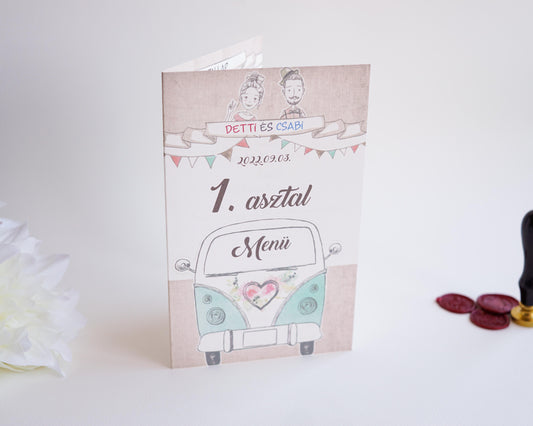 ME16 - Kinyitható Esküvői Menü - Vintage autós-Menü-Erdélyi Esküvői Meghívók-vintage,virág-Erdélyi Esküvői Meghívók