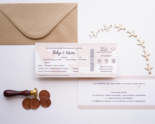 EM35 - Kétoldalas beszállókártyás esküvői meghívó-esküvői meghívó-Erdélyi Esküvői Meghívók-egyedi,travel,utazás,vicces-Erdélyi Esküvői Meghívók