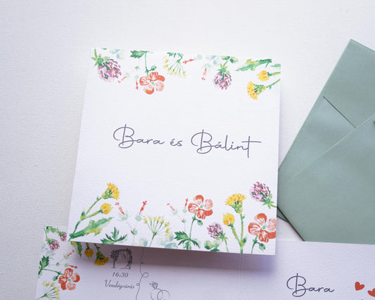 EM36 - Kinyitható vadvirágos esküvői meghívó-esküvői meghívó-Erdélyi Esküvői Meghívók-egyedi,piros,virág,watercolor-Erdélyi Esküvői Meghívók