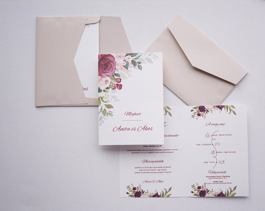 EM31 - Kinyitható Vörös virágos esküvői meghívó-esküvői meghívó-Erdélyi Esküvői Meghívók-egyedi,piros,rózsa,rózsaszín,UK30,virág,watercolor-Erdélyi Esküvői Meghívók