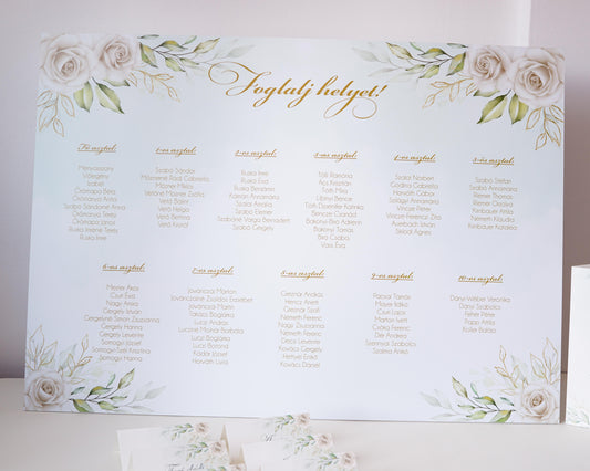 UR21 - Fehér rózsa és arany mintás ültetési rend-Ültetési rend-Erdélyi Esküvői Meghívók-arany,rózsa,virág-Erdélyi Esküvői Meghívók