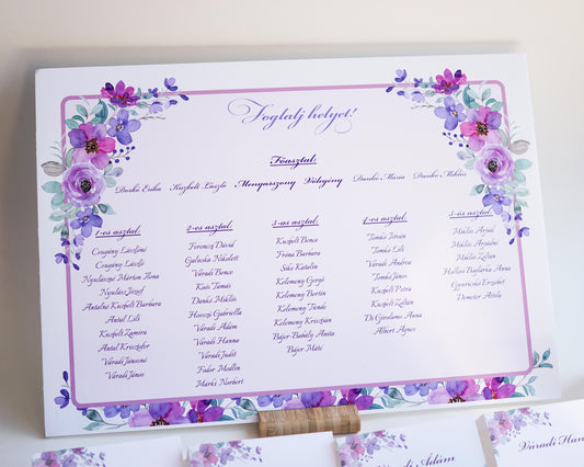 UR19 - Lila aquarelle virágos ültetési rend-Ültetési rend-Erdélyi Esküvői Meghívók-pink,piros,virág-Erdélyi Esküvői Meghívók