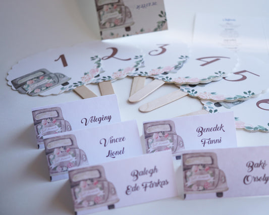 UK09 - Vintage autó mintás ültetőkártya-Ültetőkártya-Erdélyi Esküvői Meghívók-ültetőkártya-Erdélyi Esküvői Meghívók