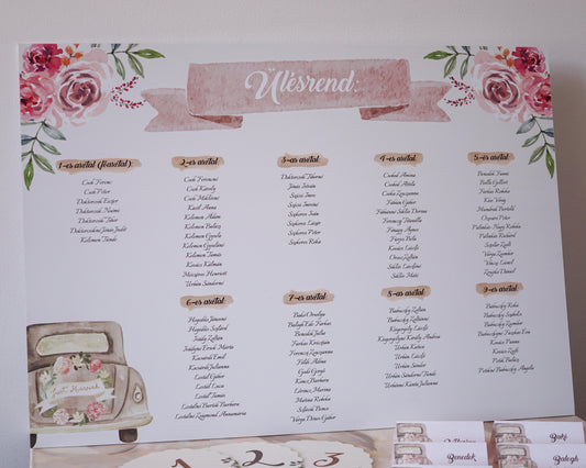 UR20 - Vintage autós ültetési rend-Ültetési rend-Erdélyi Esküvői Meghívók-virág-Erdélyi Esküvői Meghívók