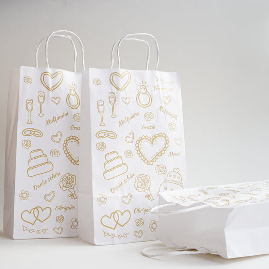 Fehér többnyelvű ajándéktasak-tasak-Erdélyi Esküvői Meghívók-rajz,vicces-Erdélyi Esküvői Meghívók