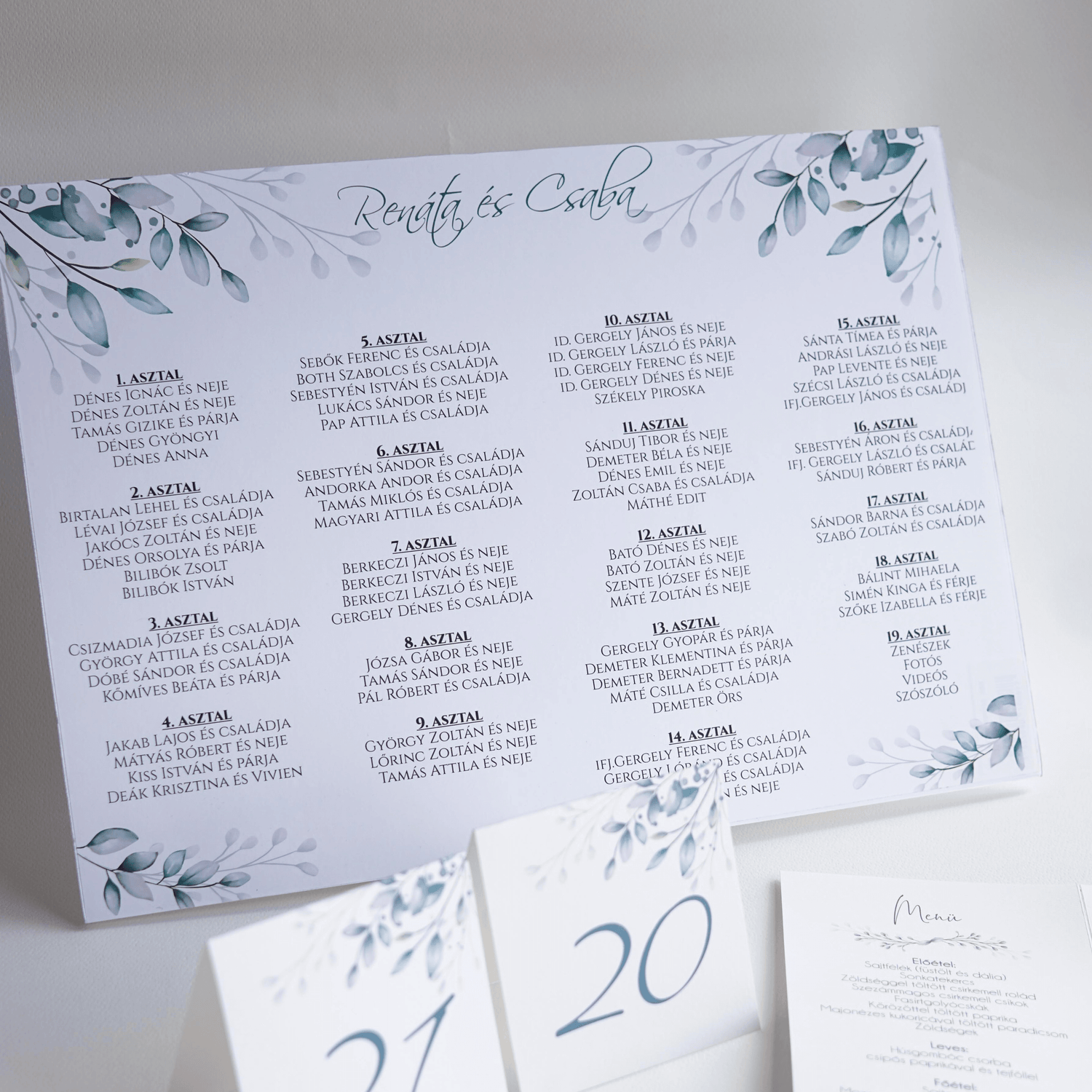 Elegant wedding seating chart featuring names and table numbers with floral accents.