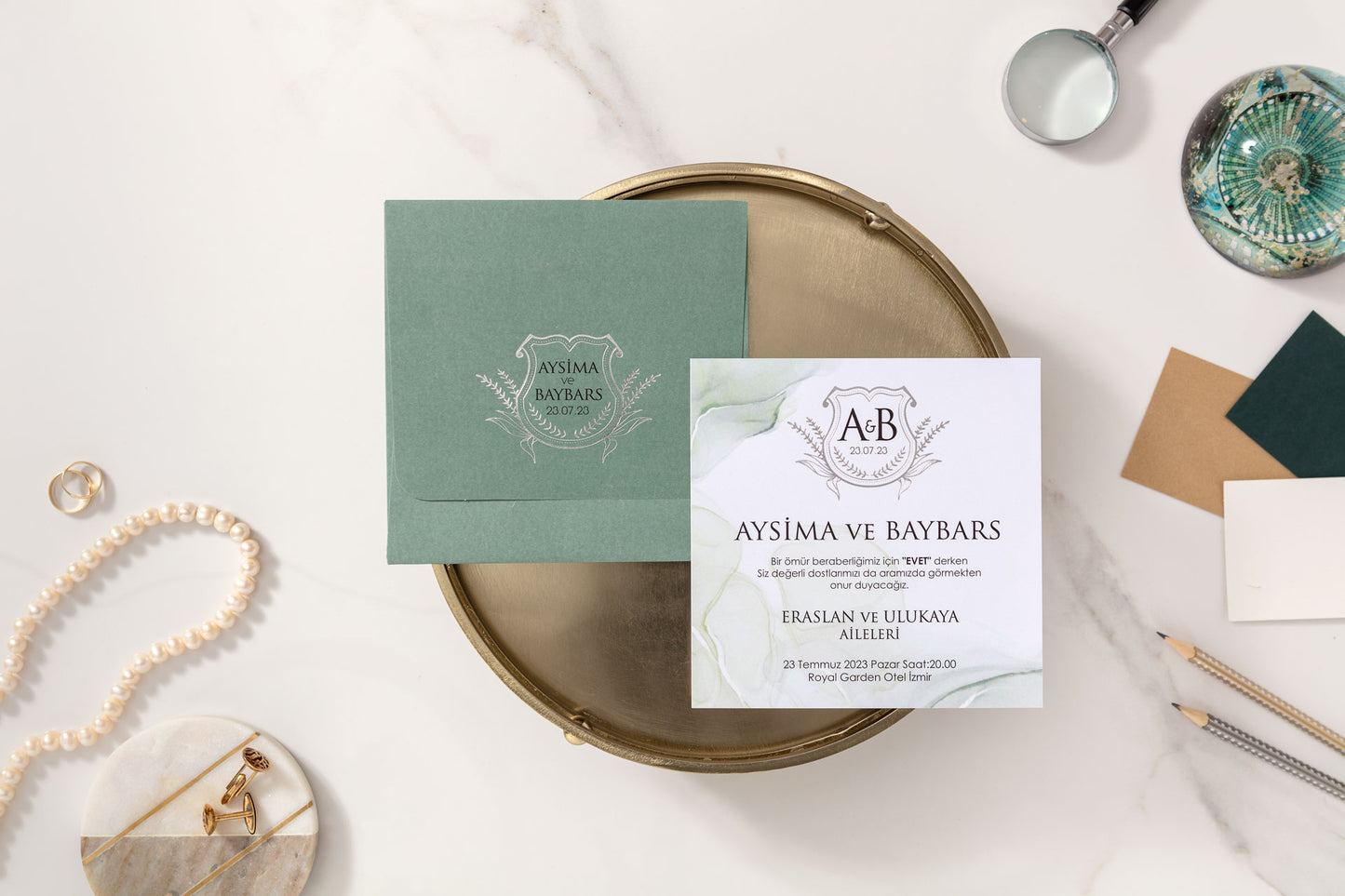 10619 - Aquarelles esküvői meghívó zöld mintával