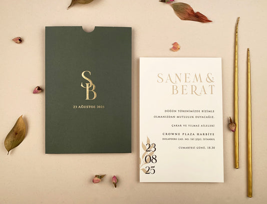 12260 - Minimalista esküvői meghívó zöld tokban