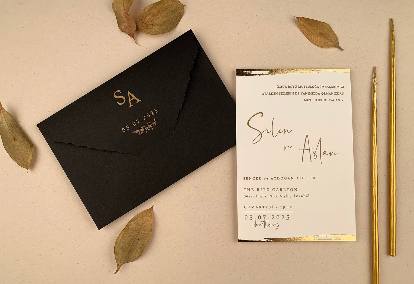 12267 - Gold foiled wedding invitation with black envelope