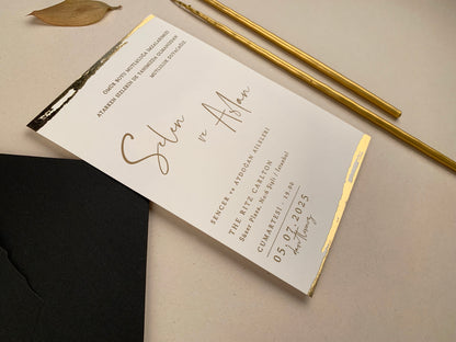 12267 - Gold foiled wedding invitation with black envelope