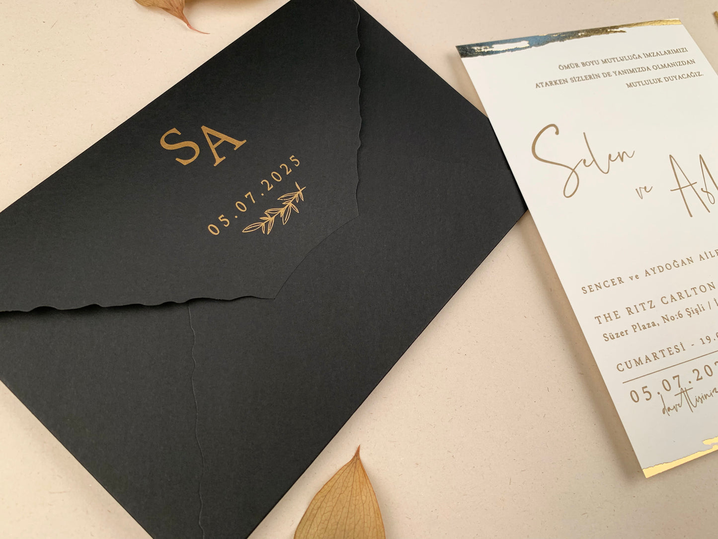 12267 - Gold foiled wedding invitation with black envelope